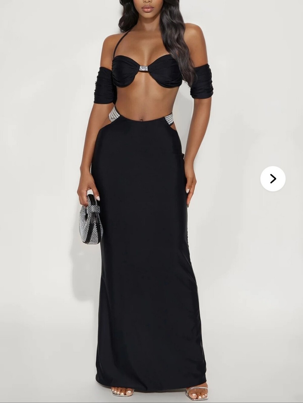 Montce Black Cutout Maxi Skirt Set with Rhinestone Accents